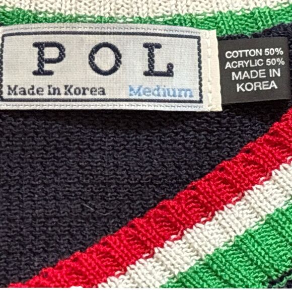 POL Sweater Womens Medium Blue Red Green Striped V-Neck Knit Pullover Preppy - Picture 4 of 9